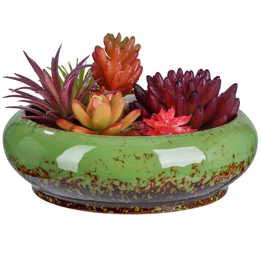 Happyyami Succulent Planter Pot 7.08In Round Shallow Bonsai Bowl with Drainage Hole for Desktop Cactus and Small Plants Decorative Container