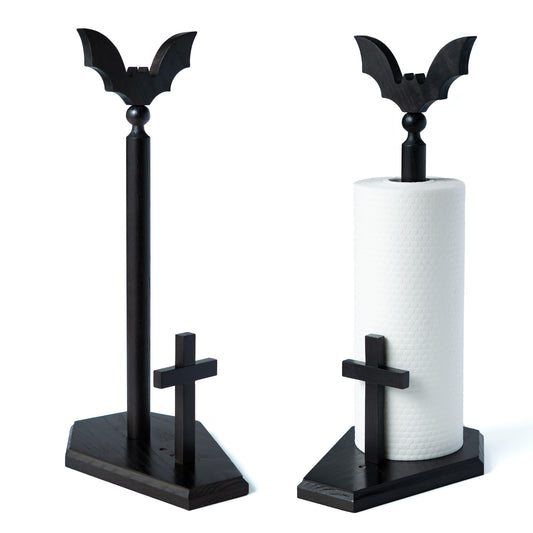 Kihomi Bat Paper Towel Holder with Suction Cups - Black Wooden Coffin Paper Roll Holder, Gothic Kitchen and Bathroom Accessory, Halloween Decor, Spooky Rustic Table and Witchy Gifts for Women (Bat)