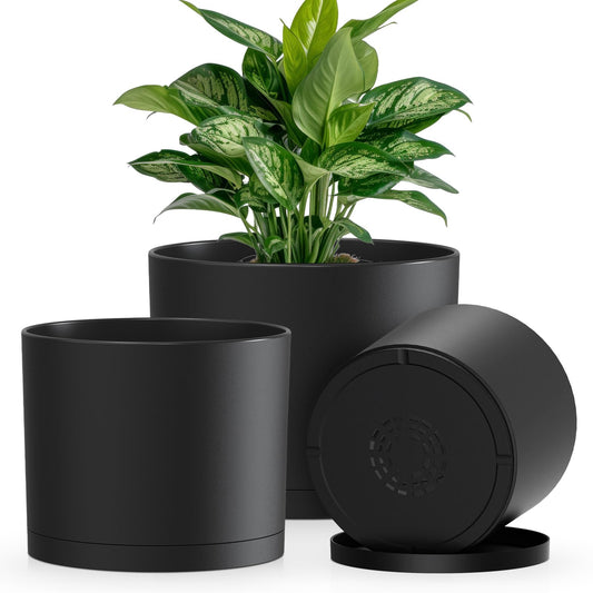 KUGAZ Plant Pots, 10/9/8 Inch 3 Pack Cylindrical Flower Pots with Drainage Holes and Saucers, Plastic Planters for Outdoor Indoor Plants,Black
