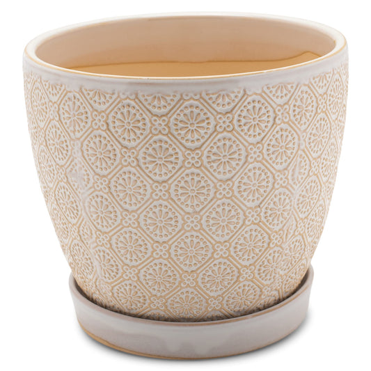 Napco Diamond and Circular White 5.25 x 6 Inch Ceramic Flower Pot Planter with Saucer