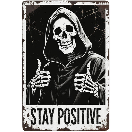 UEQIKI Vintage Skull Metal Tin Signs Stay Positive Wall Decor Funny Retro Sign for Home Living Room Bedroom Halloween Decor Gifts 12x8 in