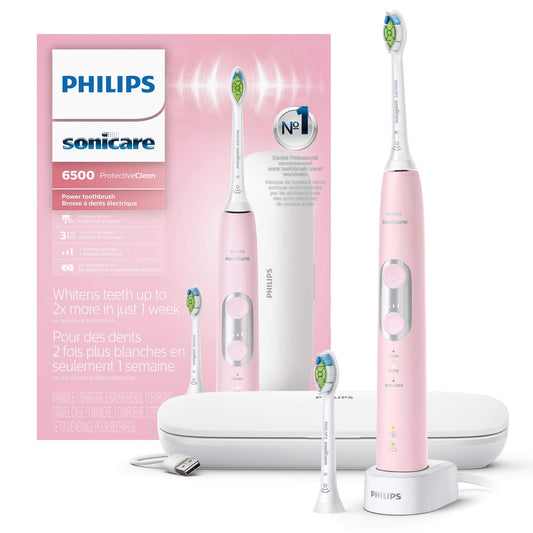 Philips Sonicare ProtectiveClean 6500 Rechargeable Electric Toothbrush, with Pressure Sensor, 3 Cleaning Modes, SmarTimer and QuadPacer, 14-Day Battery Life, Charging Travel Case, Pink, HX6462/06