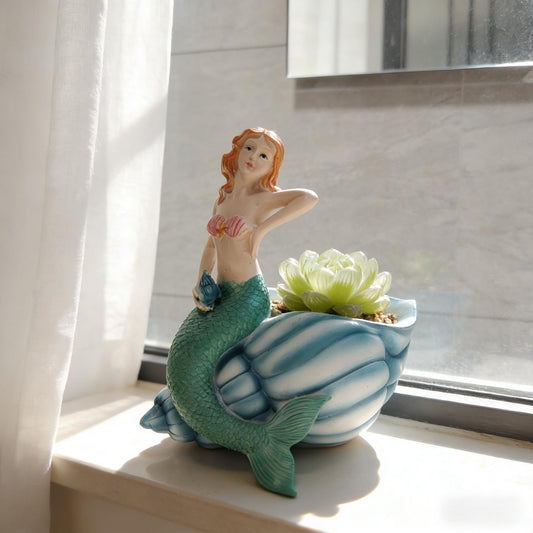 KARSTSYLVA Mermaid Resin Planter Statue, Conch Base Succulent Flower Pot for Home Garden Nautical Decor (Blue)
