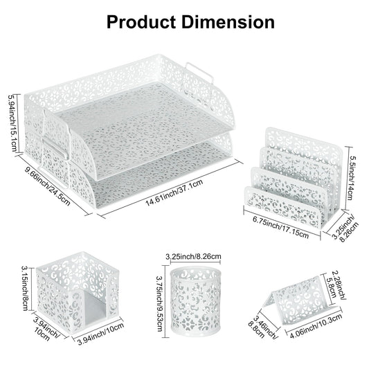 EasyPAG Desk Organizers and Accessories 5 Pieces Office Supplies Set - 2 Tier Paper Tray, Pencil Organizer for Desk, Mail Sorter Countertop, Business Card Holder and Sticky Note Holder, White