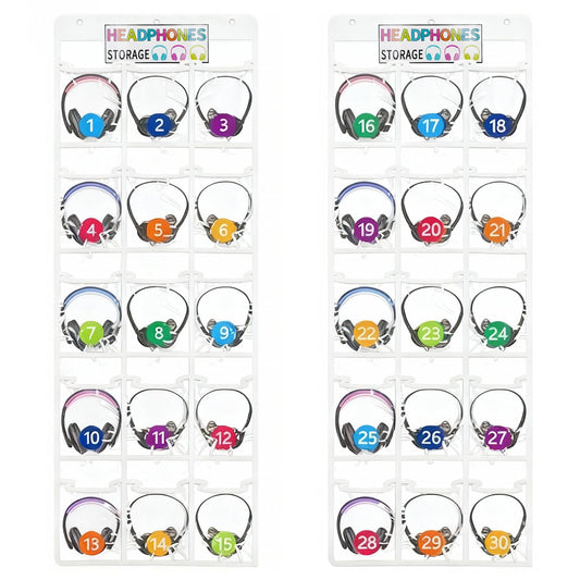 Bifrgmy 2 Pack Clear PVC Classroom Headphone Storage Organizer - 30 Pocket Over-the-Door Hanging Holder Bag for Headphones/Cell Phones, Includes 62 Labels