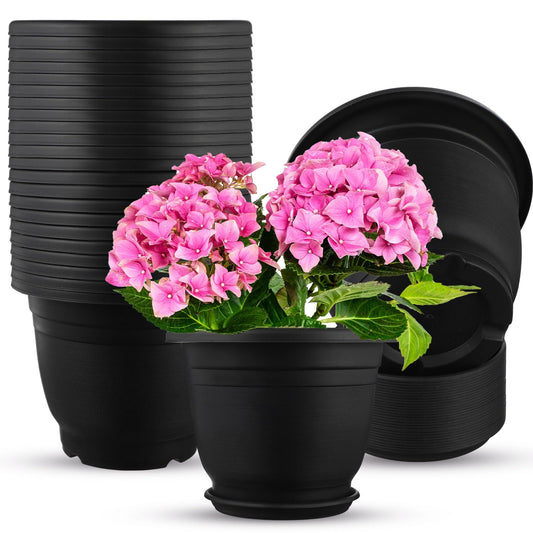Sunnychicc 12 Pack 8+'' Plastic Plant Pots Round Planter Pots with Saucer Tray Seedling Pot Hole Seed Resin Plant Pot Starting Nursery Flower Container with Pallet for Garden Outdoor Indoor(Black)