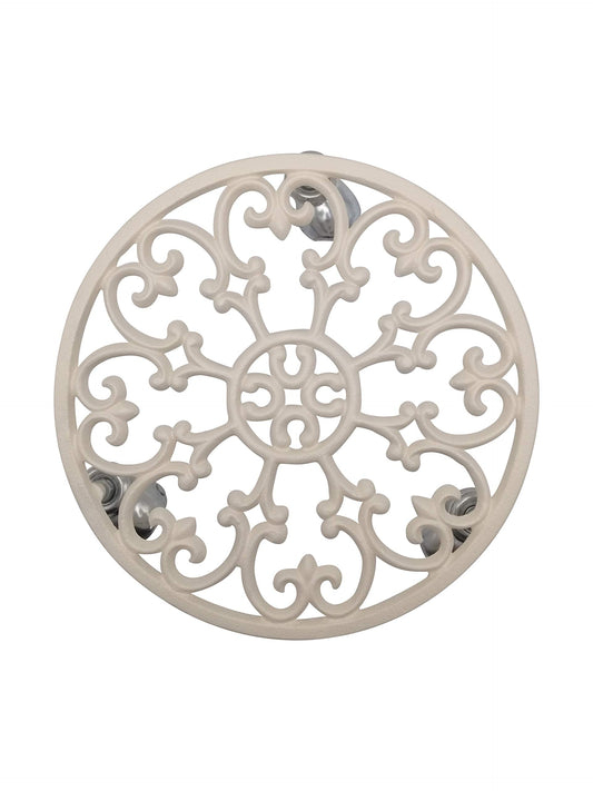 Comfy Hour 11.8" Heavy Duty Cast Iron Plant Stand with Wheels, Antique White Rolling Plant Caddy for Large Pots, Decorative Flower Pot Mover & Floor Protector for Indoor Outdoor Garden
