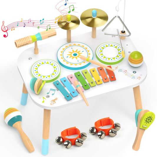 12-in-1 Drum Set for Toddlers 1-3,Baby Musical Instruments Table ,Wooden Montessori Toys with Xylophone,Bongo Drums,Cymbals,Maracas & Wrist Bells,Birthday Gift for 1 2 3 Year Old Boy Girls