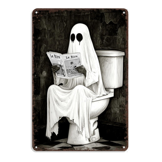 Horror Bathroom Decor Metal Poster - Ghost On Toilet Reading Le Rire Retro Sign, Vintage Halloween Wall Art For Dark Academia Bathrooms Aluminum 8x12in