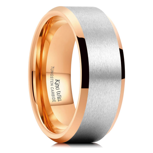 King Will 8mm Classic Tungsten Rings for Men Two-Tone Mens Wedding Bands Simple Engagement Promise Ring Matte Brushed Beveled Edges Comfit Fit Durable, Silver & Rose Gold Plated Size 7