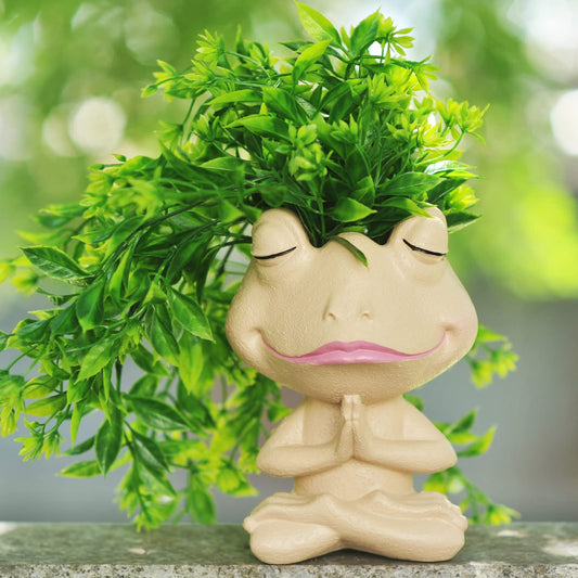 Face Planters Pots Head Yoga Frog Resin Plant Pot with Drainage Hole(Khaki-B)