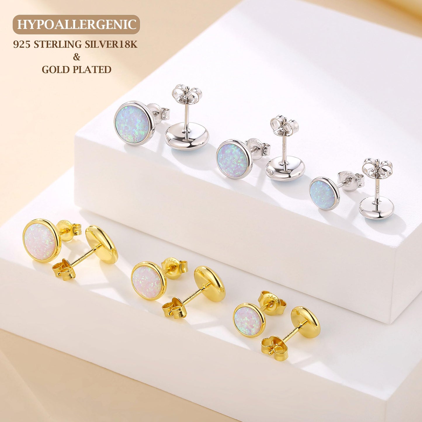 JiayangJY Silver White Fire Opal Stud Earrings for Women Sterling Silver Round Shape 8mm Opal Earrings with Push Back