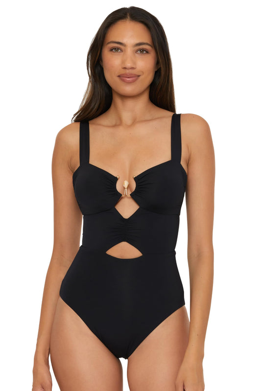 Soluna Swim Bonita - Women's Shirred One Piece Swimsuit, Adjustable, Bathing Suits for Women, Black, Medium