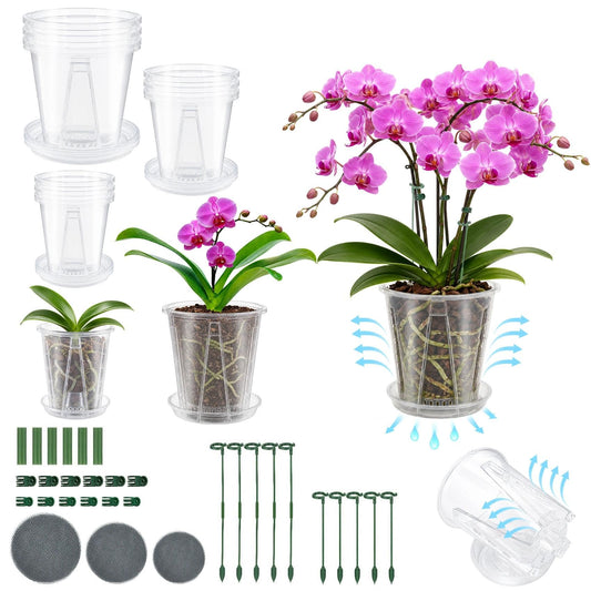 LINBLIF Clear Orchid Pots with Drainage Holes Set, 12 Pack 4,5,6 Inch Plastic Nursery Pots with Saucers, Orchid Repotting Kit with Mesh Screens, Stakes and Clips for Indoor Plants (4 in +5 in + 6 in)