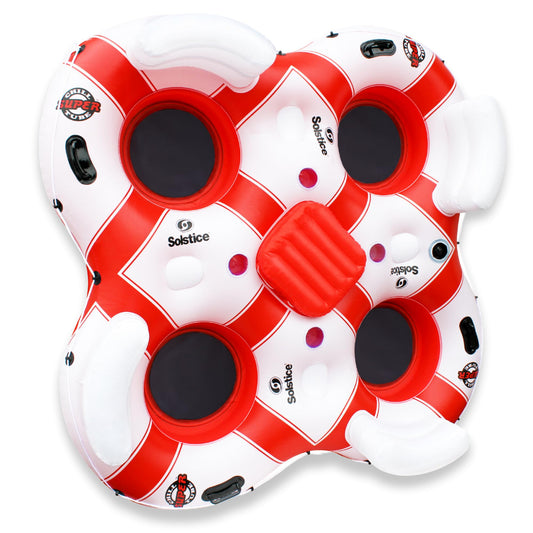 SOLSTICE Inflatable Tube Float – Heavy-Duty Material with Grab Handles for Pool, Lake & River – Compact with Backrest, Mesh Base, Cupholders & Rope – 4-Person, White & Red, 89" – Super Chill