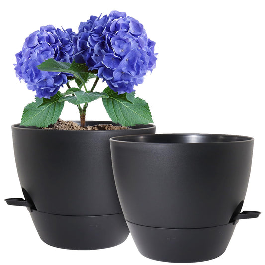 WSMKSZ 8 inch Self Watering Pots, 2 Pack Plastic Planters with Mesh Drainage Holes for Garden Plants and Flower, Plants Pots with Deep Reservoir for Indoor Outdoor Plants, Black