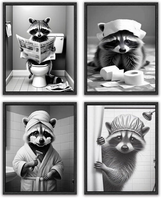XUCVSPANTING Funny Raccoon Washroom Wall Art,Cut Bathroom Raccoon Sitting on Toilet Reading Newspaper Shaving&Paper Toilet Paper on Head Canvas Posters for Bathroom Washroom Restroom Home Decor
