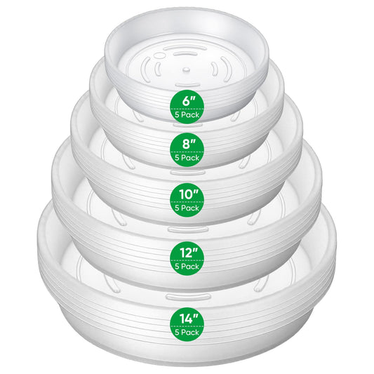 Dovesail 25 Pack Plant Saucer Tray, 6/8 / 10/12 /14 inch Heavy Duty Flower Pot Trays, Plastic Plant Saucer for Indoor & Outdoor Plants, Plant Trays to Catch Water, 5 Pieces of Each Size