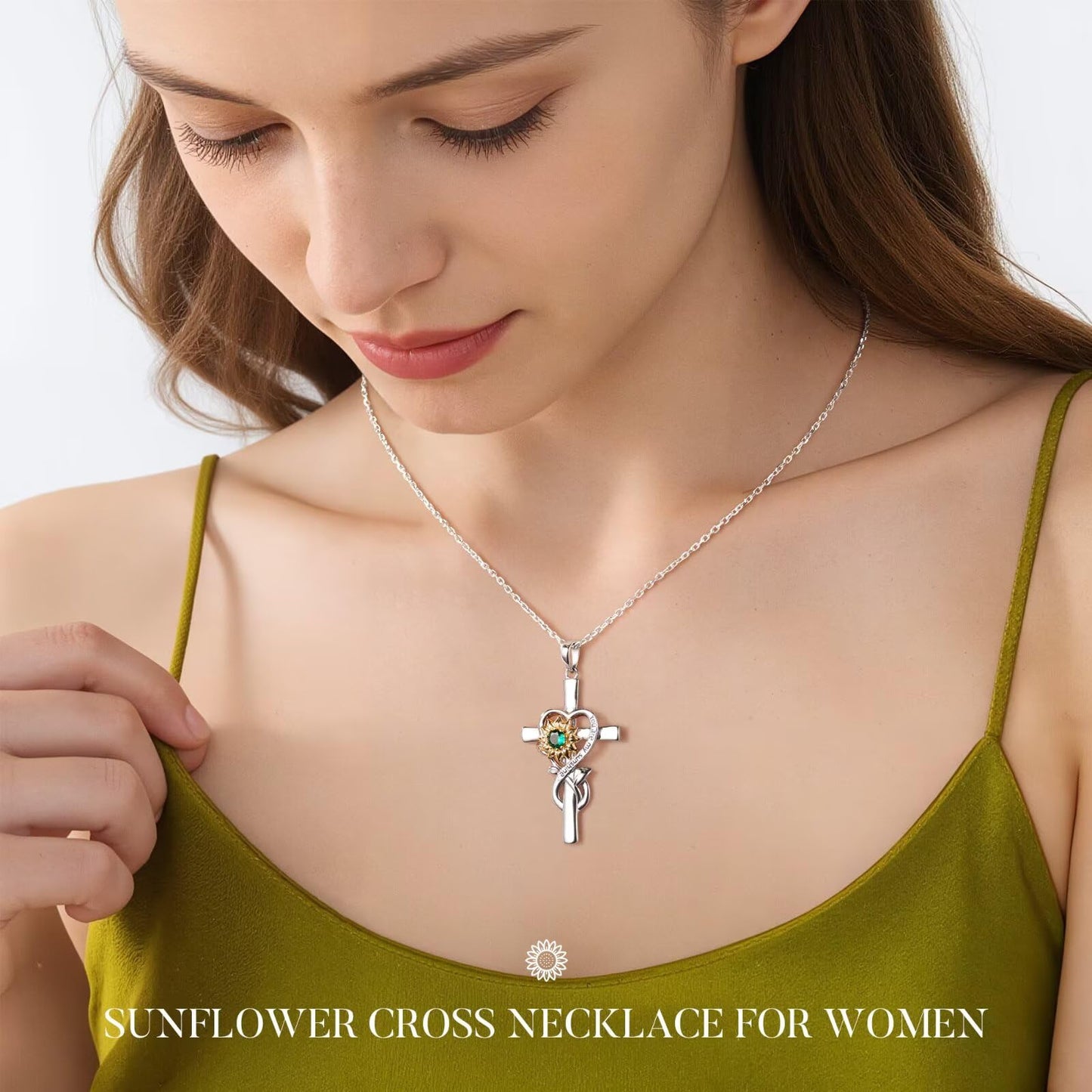 Iefil Cross Necklace for Women - Simulated Aquamarine Jewelry, March Birthstone Necklace | Anniversary Birthday Gifts, Sunflower Gifts for Wife Women Mom