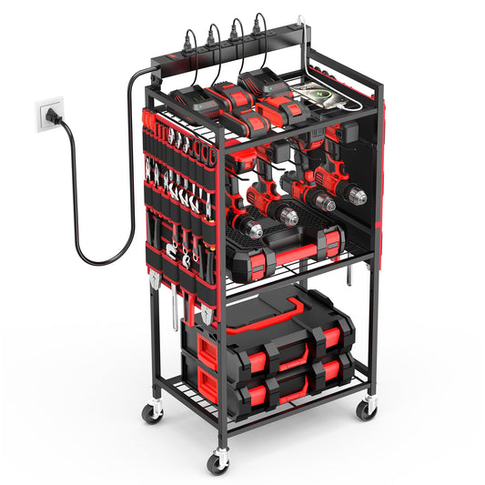 JUNNUJ Garage Large Power Tool Organizer Cart with 8 Outlet 3 USB Charging Station, Floor Rolling Drill and Tools Battery Storage Cart on Wheels, Heavy Duty Utility Rack Shelf with Power Strip