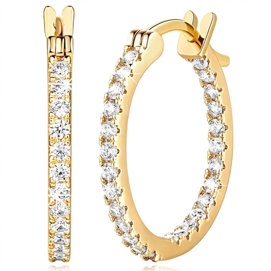 Suiune 14K Yellow Gold Hoop Earrings for Women, Hypoallergenic Dual-Sided Cubic Zirconia Hinged Hoops Jewelry for Woman, 2mm x 35mm