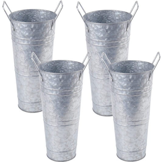 ZOOFOX Set of 4 Galvanized Metal Vases, 9" Farmhouse French Bucket with Handles, Rustic Style Metal Flower Holder for Home and Wedding Table Centerpiece Decor, with Plastic Liner/Insert Included