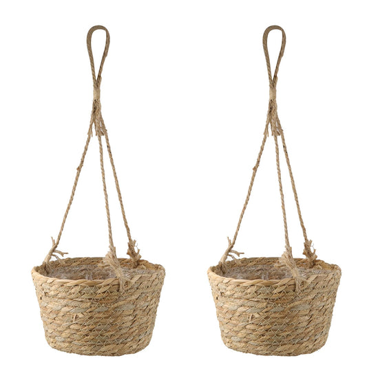 MY MIRONEY 2PCS Hanging Planter Basket Natural Seagrass Woven Plant Pot Hanger Hanging Plant Holder with Twine for Home Decor, Indoor & Outdoor Use, 8.11" x 4.96", Khaki