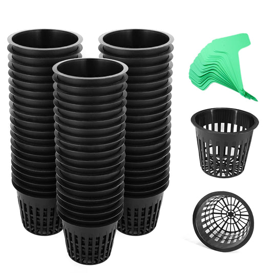 Business King 3 Inch Net Pots for Hydroponics 60 Packs with Plant Labels 60Pcs Heavy Duty Wide Mouth Net Cups Slotted Mesh Pot Garden Supplies (3 inch 60 Packs)