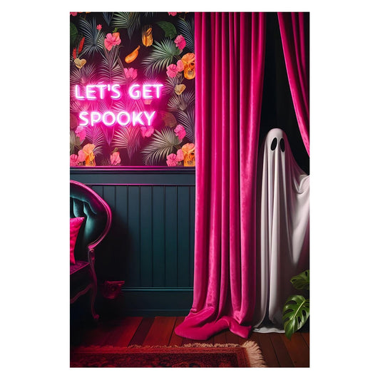 WCLXISC Cute Ghost Posters Let's Get Spooky Pink Neon Sign Print Gothic Feature Wall Art Decor Maximalist Gallery Wall Ideas Humor Halloween Decorations for Party Office Home Decor 12X16inch Unframed