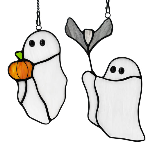 LITEPEDIA Ghosts Decor Stained Glass Window Hangings,Halloween Bat Ornament Stained Glass Suncatcher for Window,Cute Ghosts Gifts for Girls Boys,Funny Halloween Pumpkin Party Decor