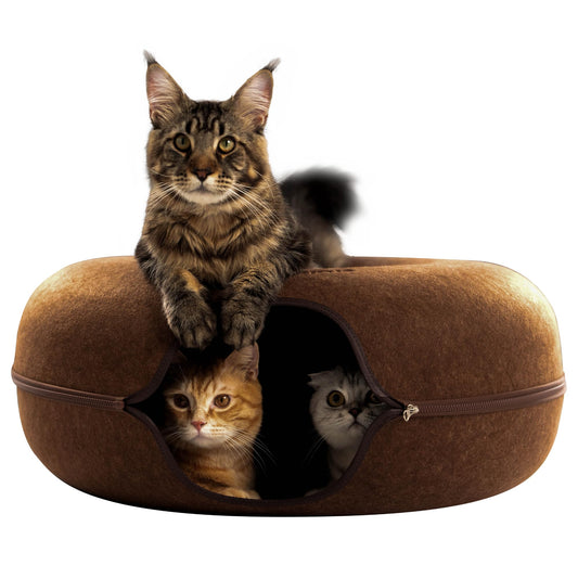 Cattasaurus Peekaboo Cat Cave Donut for Multiple & Large Cats up to 30-45 lbs, 3-in-1 Self Warming Cat Bed, Tunnel & Scratcher for Indoor Cats, Washable & Detachable Small Dog Bed (Brown, Jumbo)