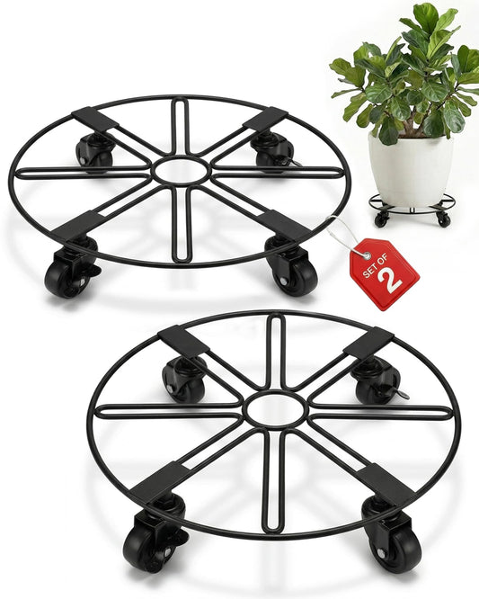 GENTINGBRO Metal Plant Stand Indoor Plant Caddy with Wheels 13in Rolling Carts with Wheels Dolly Cart Corner Plant Stand Outdoor for Heavy Duty Large Plants Planter Caddy Flower Stand Black (2 Pack)