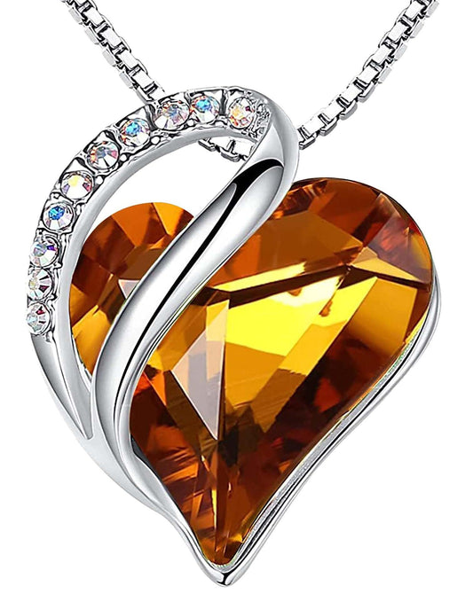 Leafael Gift Necklaces for Women, Infinity Love Birthstone Heart Pendant with Amber Brown Crystal for November, Birthday Jewelry for Her, Mom, and Wife, Silver Plated, 18" + 2" Chain