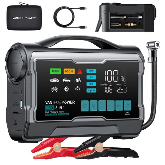 VANTRUE POWER JS3 Real 3250A Jump Starter with Air Compressor 160PSI, 12V Car Battery Booster with 9" Large Display, Jump Box with Light, 65W Fast Charging Power Bank, 8.0L Gas/3.8L Diesel Engines