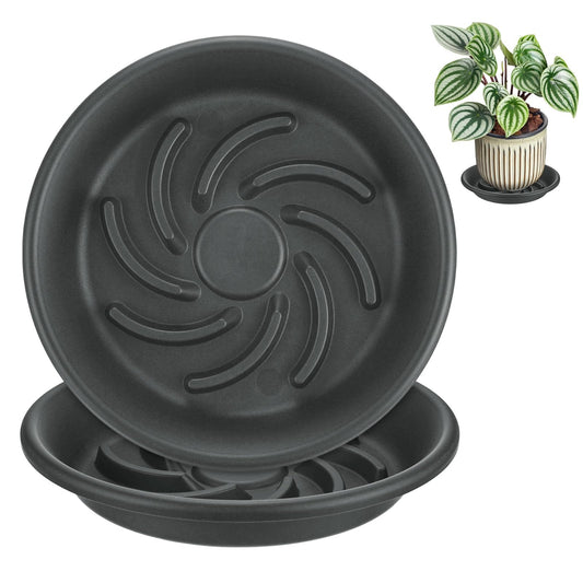 M METERXITY 2-Pack Plant Saucers, 7.3 Inch ID Anti-Rot Root Resin Flower Pot Plant Saucers for Indoor/Outdoor, Flowerpot Drip Tray [9.4 Inch OD, Gray Black]