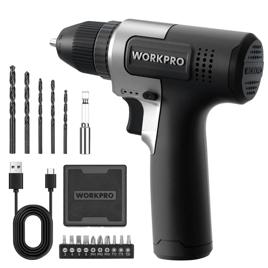 WORKPRO 8V Cordless Drill Set, 2Ah Electric Power Drill with 3/8'' Keyless Chuck, 15pcs Bits, Type-C Charging, Built-in LED and Variable Speed for Drilling and Screwing