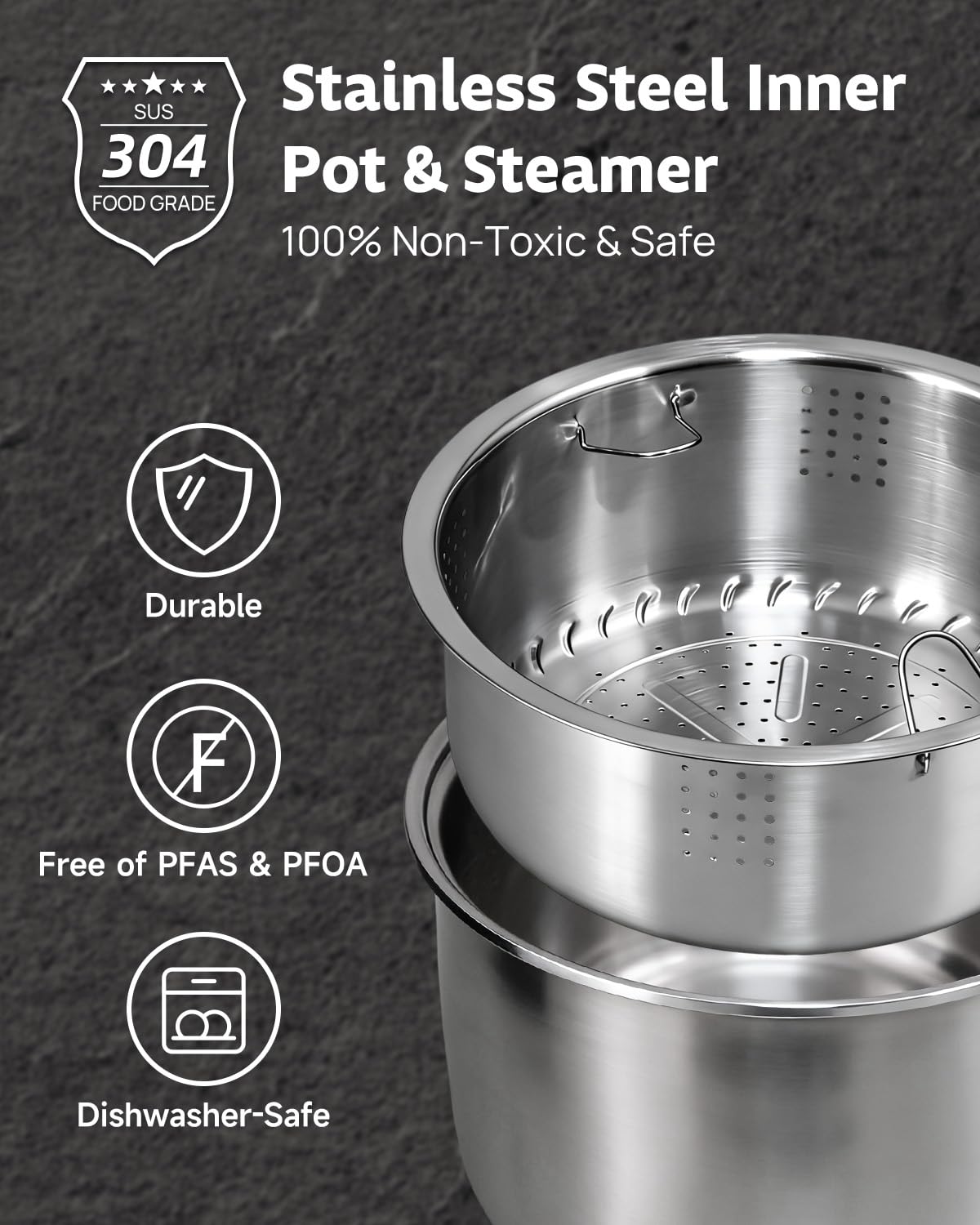 YOKEKON Rice Cooker Stainless Steel Inner Pot PFAS-Free Dishwasher Safe, Low Carb & Low Sugar Large Rice Cookers 8 Cup with Steamer Basket, 24H Delay Timer and Auto Keep Warm Feature,Black