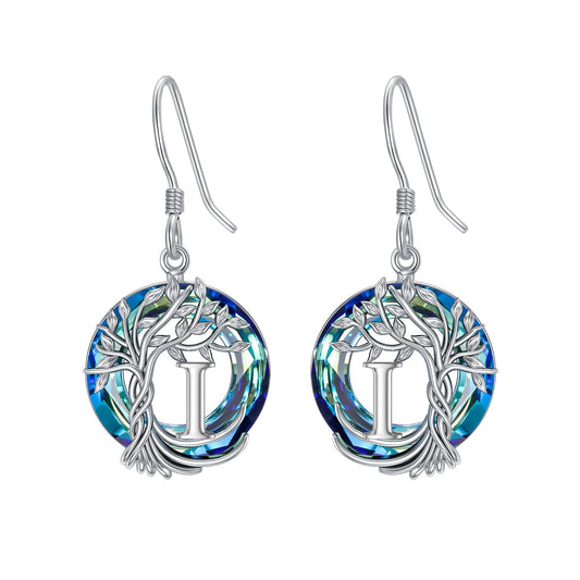 TOUPOP Tree of Life Initial Earrings Sterling Silver Initial I Letter Drop Dangle Earrings Blue Circle Crystal Family Tree Jewelry Birthday Mothers Day Gifts for Women Mom Her