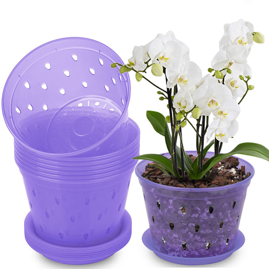 lanccona Orchid Pot, 6.7 Inch 8 Pack Orchid Pots with Holes and Saucers,Plastic Orchid Planter - Purple Amethyst