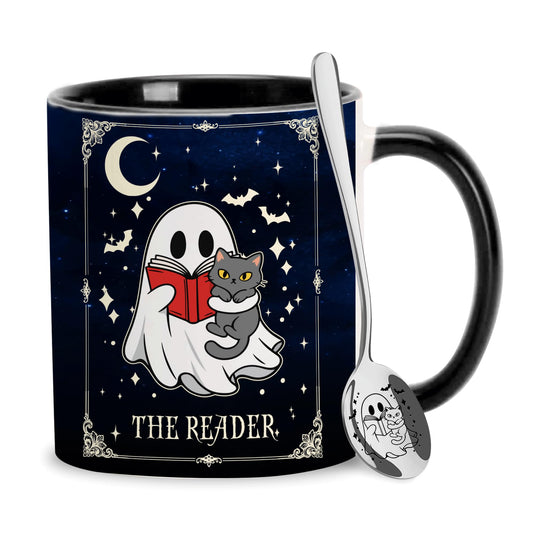 Hyturtle Cute Ghost Reading Coffee Mug with Spoon Gifts on Halloween Birthday, Funny Ghost with Cat Tarot Gifts, Book Lover Presents, Bookish Decor for Readers, Book Club Gift 11oz Ceramic Tea Cup