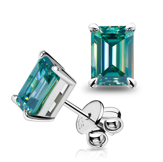 GIGAJEWE Blue Green Color Moissanite Stud Earrings Radiant Cut Moissanite Earrings 2.0ct/pair,18K Gold Plated 925 Steling Silver, Stud Earrings For Women (Emerald-Cyan)