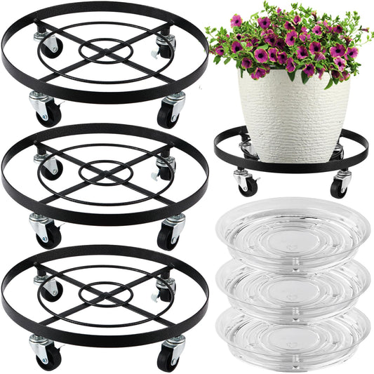 3 Packs Large Metal Plant Caddy 12.6” Plant Dolly with Wheels Heavy-duty Wrought Iron Rolling Wheeled Plant Stand with Casters for Indoor and Outdoor Plant Pot Rollers, 12" Clear Plant Saucers Included