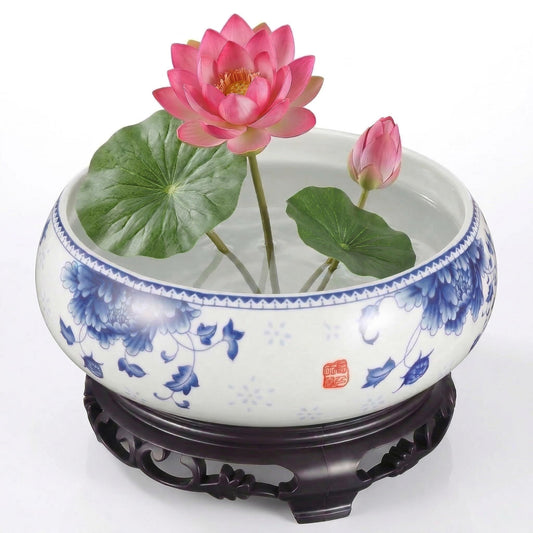 DOITOOL 7 Inch Lotus Bowl Planter Water Lily Pot with Stand, CactuSucculent Planters Cactus Hydroponic Container, Ceramic Blue and White Pots for Water Plants Lotus Flower Bonsai, No Drainage Hole
