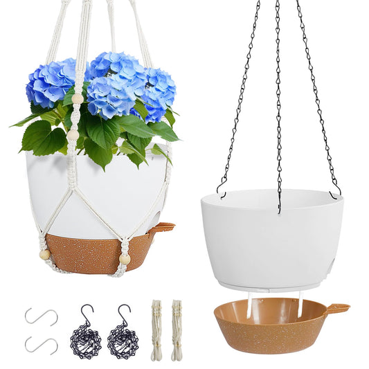 Meowell 10 inch Self Watering Hanging Planters, 2 Pack Hanging Baskets for Indoor Outdoor Plants, Hanging Flower Pots with Drainage Holes & 2 Kinds of Plant Hangers for Garden Home Décor, White Brown