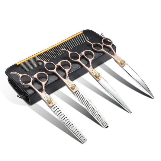 JASON Professional Dog Grooming Scissors Set - 6 in 1 Sharp Shears Set With 7" Thinning, Chunker, Straight, Curved Shears and Comb for Cat Pet, Rosegold