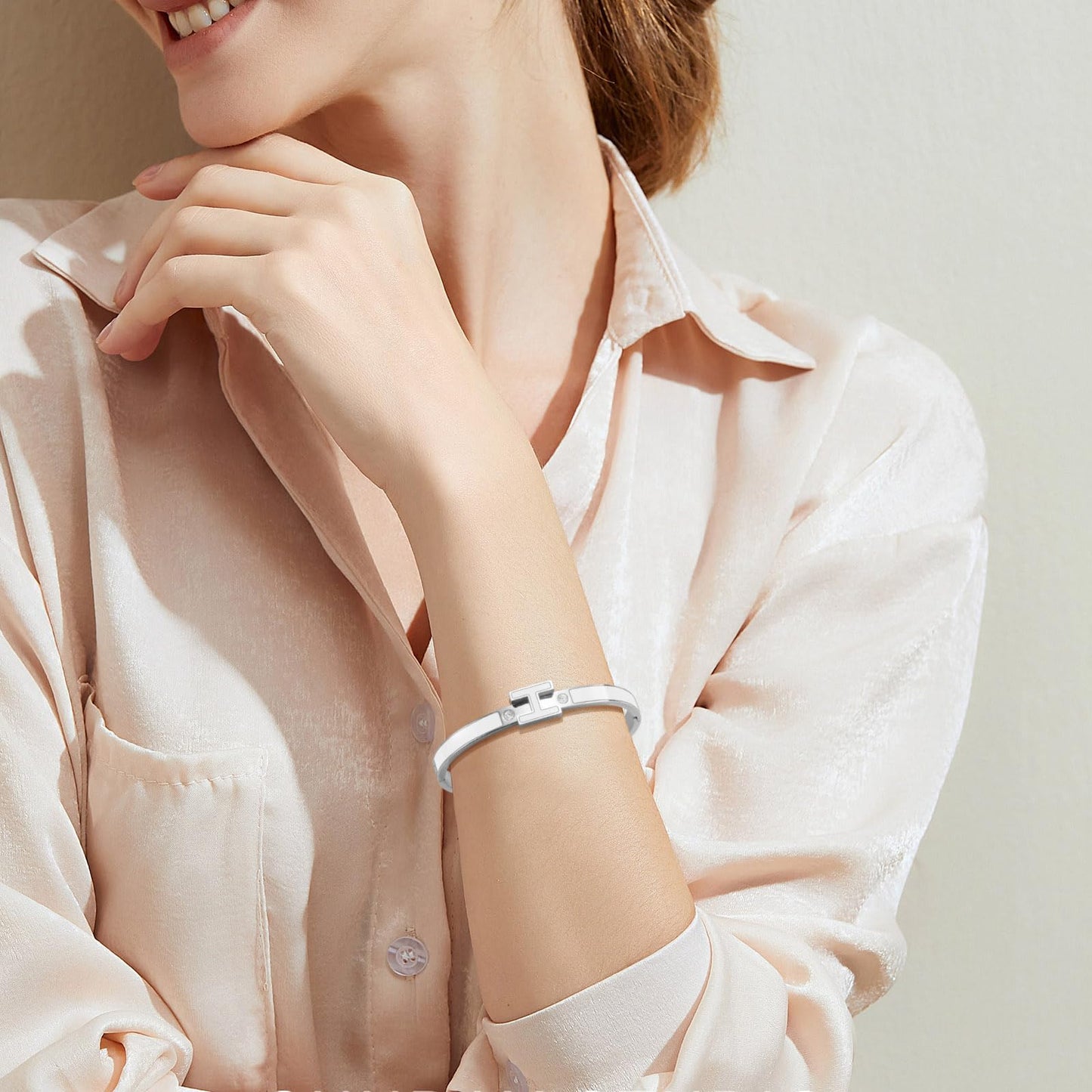 Hothink Gold Bracelets for Women, H Bangle Bracelet, Dainty 18K Gold Plated Stainless Steel Enamel Bracelet for Everyday, Work, Party, Stackable Gift for Mom, Wife, Girlfriend (Silver-White)