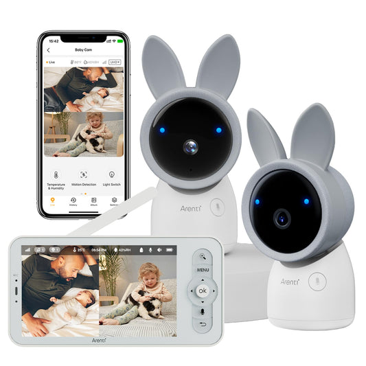 ARENTI Baby Monitor with 2 Cameras, Cry&Motion Detection, 2K Smart Baby Camera with 5'' Upgraded Wireless Display, 2 Way Audio, Super Night Vision, Lullabies, Breathing Light, Temp&Humidity Sensor