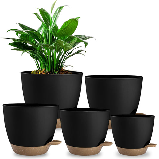 Hylitong Plant Pots 8/7.5/7/6.5/6 Inch Self Watering Pots,5 Pack Planters with Drainage Holes and Saucers,Plastic Flower Pots,Nursery Planters for Indoor Outdoor Plants (Black)