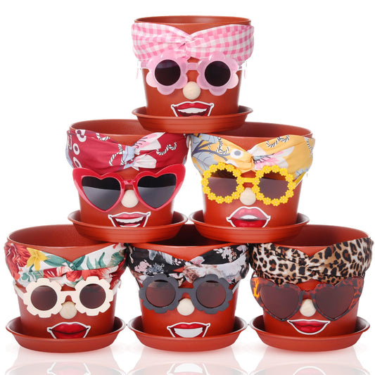 SiliFine 6 Sets Funny Plastic Pots for Crafts Lady Face Flowerpots Include 6.6 Inch Planters Hair Band Decorative Glasses Wood Particle Lip Stickers Glue Points for DIY Crafts Garden Decor