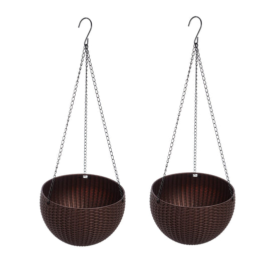 THUSIBER Hanging Basket Plastic Flower Pot Round Resin Garden Hanging Planter for Indoor Outdoor Plants 2 Pack Brown